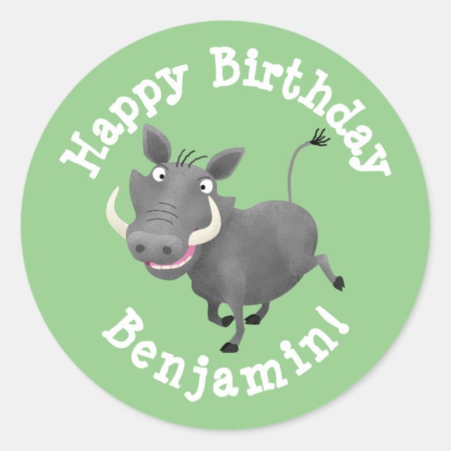 Funny warthog pig personalized cartoon birthday classic round sticker (Front)
