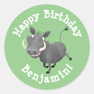 Funny warthog pig personalized cartoon birthday classic round sticker