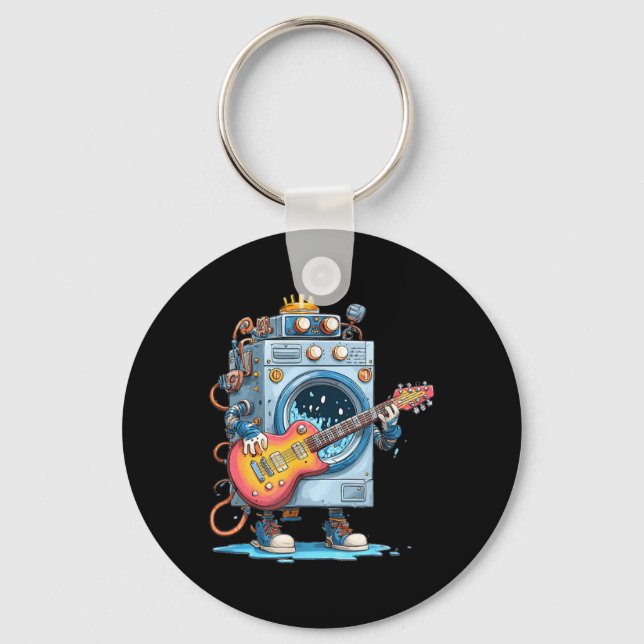 Funny Washing Machine Robot with E-Guitar Costume Keychain (Front)
