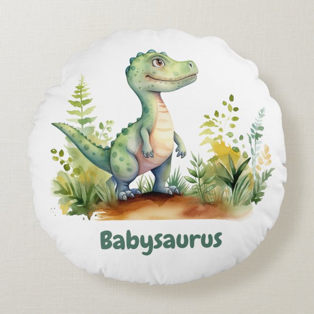 Funny Watercolor Baby Dinosaurs Personalized Round Pillow (Front)