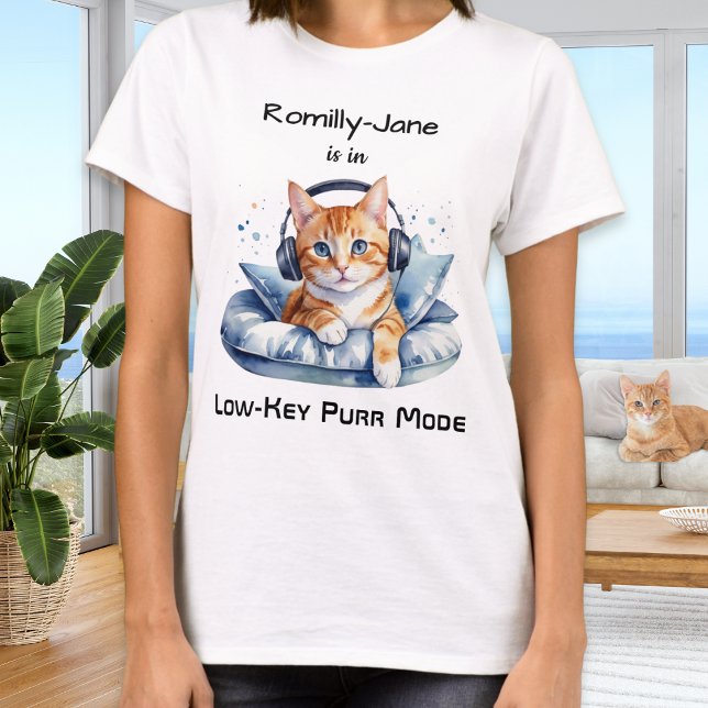 Funny Watercolor Cat Humour Personalized T-Shirt (A funny personalized t-shirt with picture of a cat chilling out with headphones)