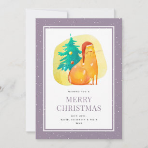 Funny Watercolor Cat Purple Merry Christmas Card