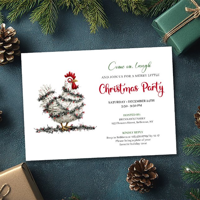 Funny Watercolor Chicken Red Green Holiday Invite (Funny Watercolor Chickens Red Green Holiday Invite)