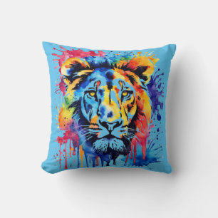 Funny watercolor colourful lion throw pillow