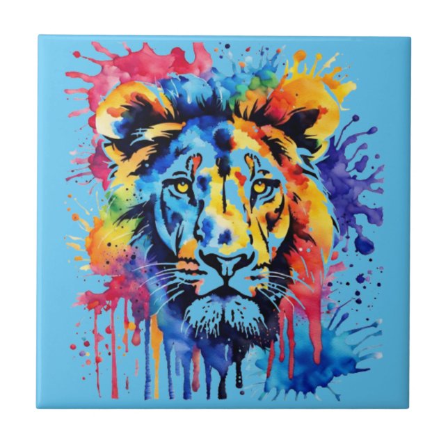 Funny watercolor colourful lion tile (Front)