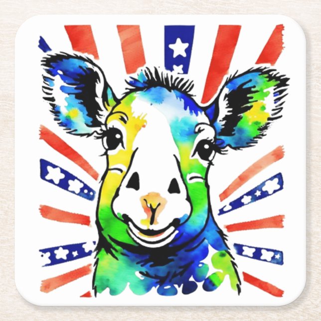 Funny watercolor colourful sheep square paper coaster (Front)