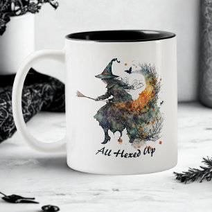 Funny Watercolor Creepy Witches Broom Halloween Two-Tone Coffee Mug