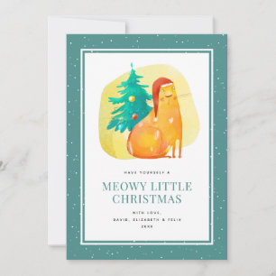 Funny Watercolor Fat Cat Tree Snow Christmas Card