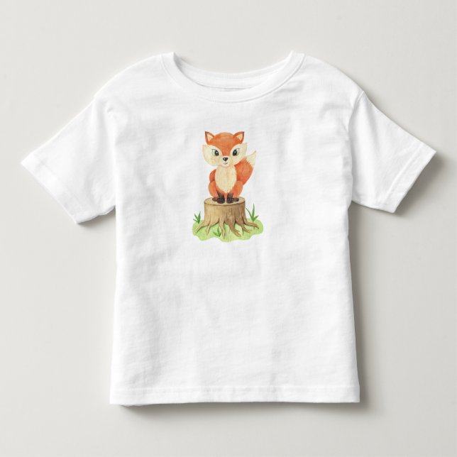 Funny Watercolor Painted Fox on Tree Trunk T-Shirt (Front)