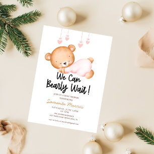 funny watercolor pink teddy bear girl baby shower  invitation