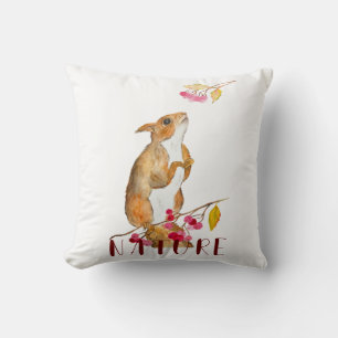 Funny watercolor squirrel on a branch with berries throw pillow