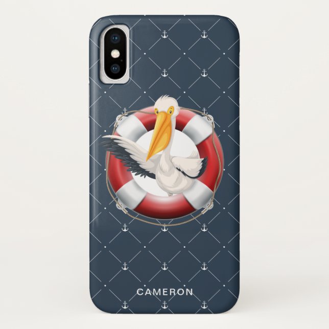 Funny Waving Pelican Nautical Navy Monogram Case-Mate iPhone Case (Back)