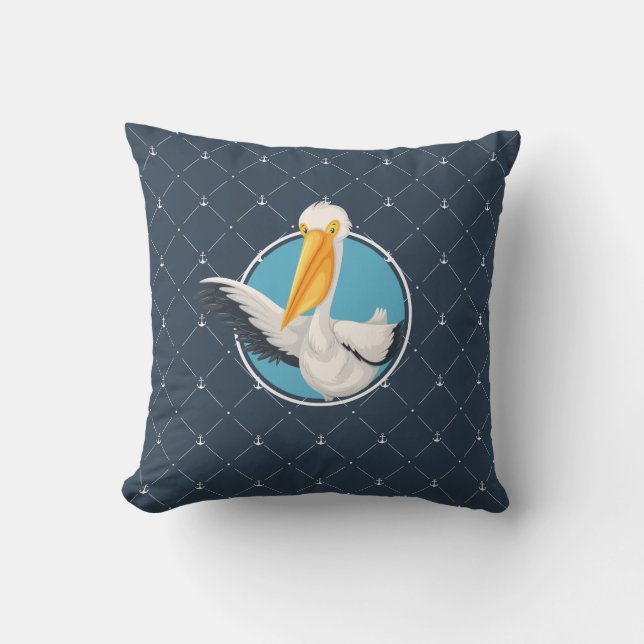 Funny Waving Pelican Navy Nautical Pattern Throw Pillow (Front)