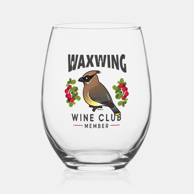 Funny Waxwing Wine Club Birdorable Stemless Wine Glass (Front)