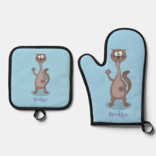 Funny weasel cartoon illustration oven mitt & pot holder set