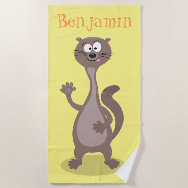 Funny weasel cartoon illustration saying hello beach towel (Front)