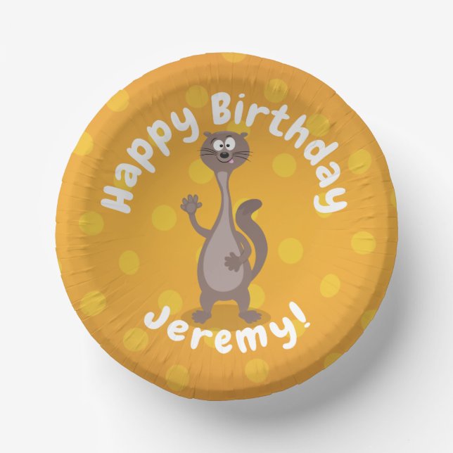 Funny weasel waving cartoon illustration paper plate (Front)