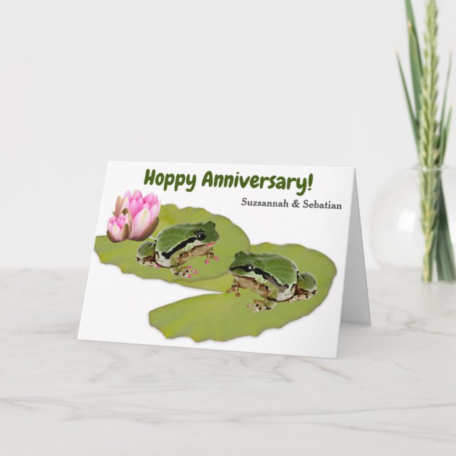 Funny Wedding  Anniversary Frog Couple Pink Lilies Card (Front)