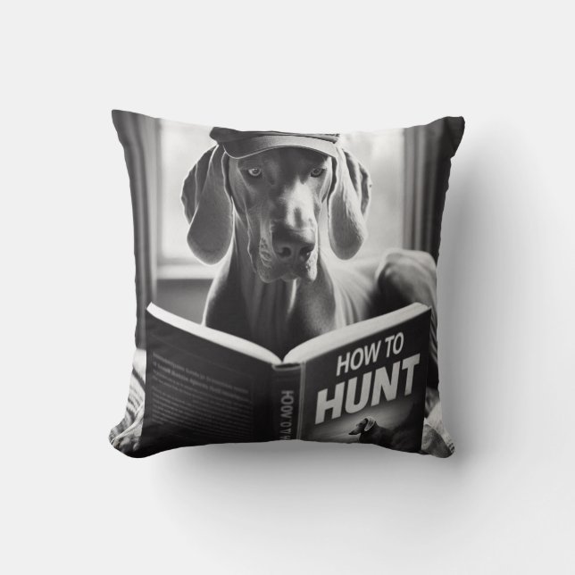 Funny Weimaraner Reading a Book on How to Hunt Throw Pillow (Front)
