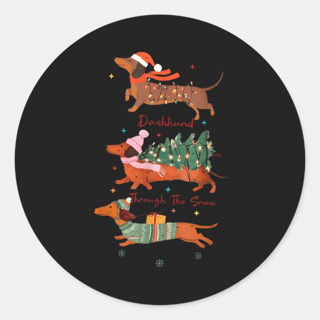 Funny Weiner Dog Dachshund Through The Snow Merry  Classic Round Sticker (Front)