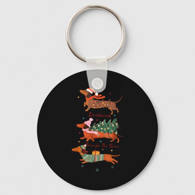 Funny Weiner Dog Dachshund Through The Snow Merry  Keychain (Front)