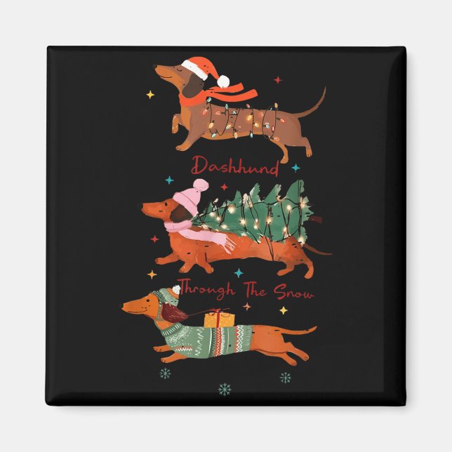 Funny Weiner Dog Dachshund Through The Snow Merry  Magnet (Front)