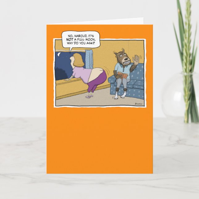 Funny Werewolf and Full Moon Halloween Card (Front)