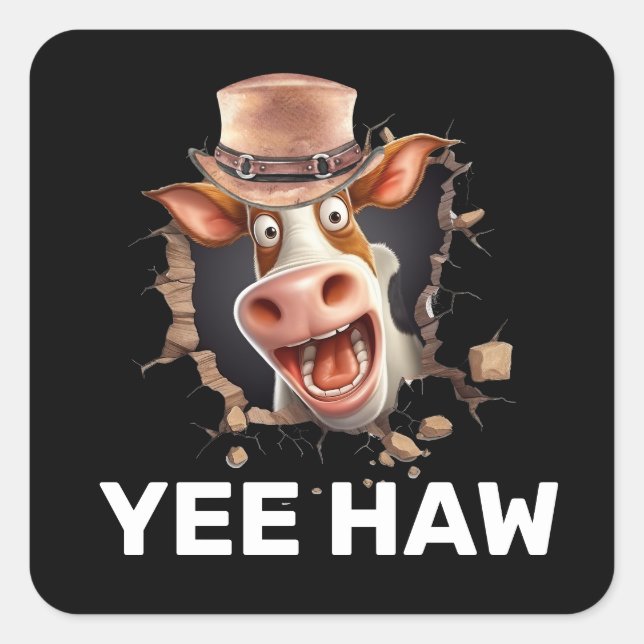 Funny western cow face yee haw country fun square sticker (Front)