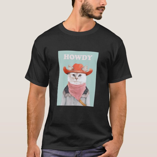 Funny Western Howdy Rodeo Cat Cowboy T-Shirt (Front)