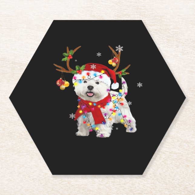 Funny Westie Christmas Tee Reindeer Christmas Ligh Paper Coaster (Front)