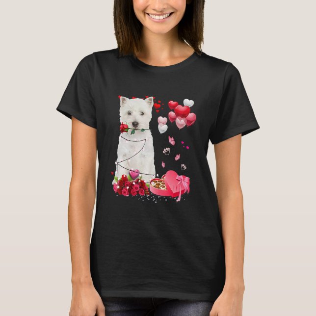Funny Westie Rose Heart Happy Valentine Day Dog Mo T-Shirt (Front)