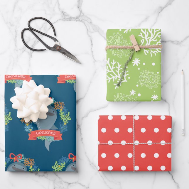 Funny Whale Shark With Name Christmas Wrapping Paper Sheet (Front)