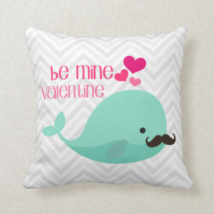 Funny Whale with Moustache Be Mine Valentine Throw Pillow