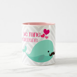 Funny Whale with Moustache Be Mine Valentine Two-Tone Coffee Mug