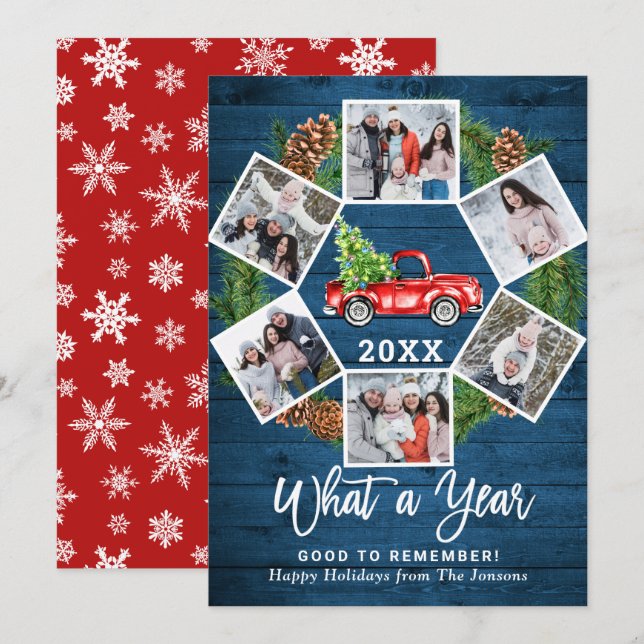 Funny What a Year Christmas Red Truck 6 PHOTO Holiday Card (Front/Back)