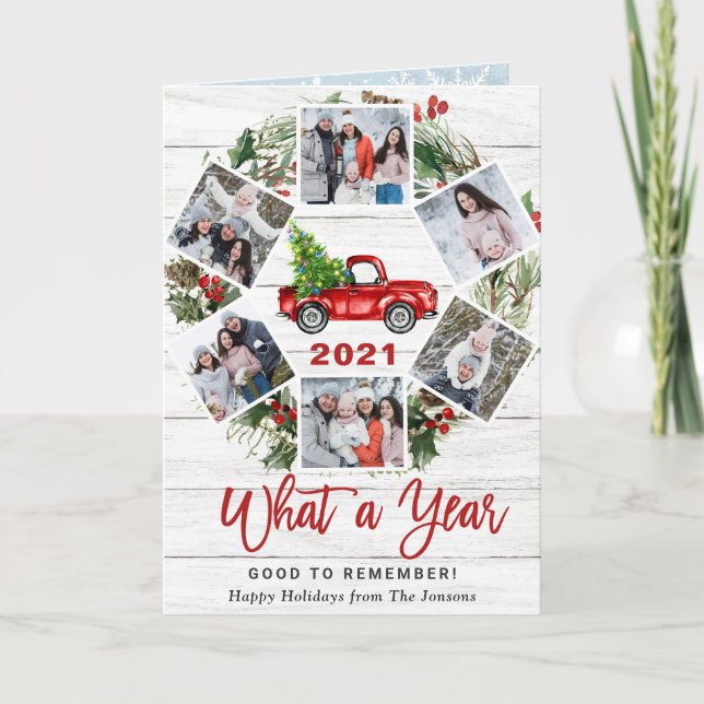 Funny What a Year Christmas Red Truck 6 PHOTO Holiday Card (Front)