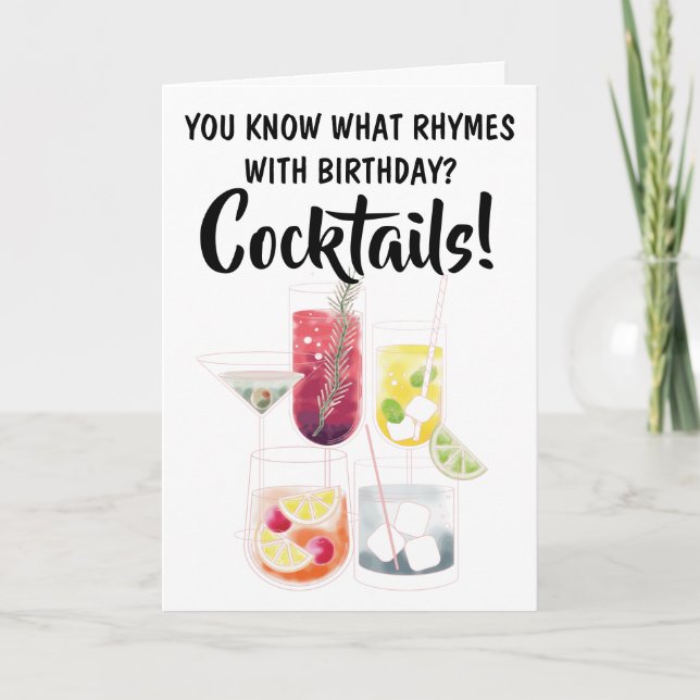 Funny What Rhymes With Birthday, Cocktails Card (Front)