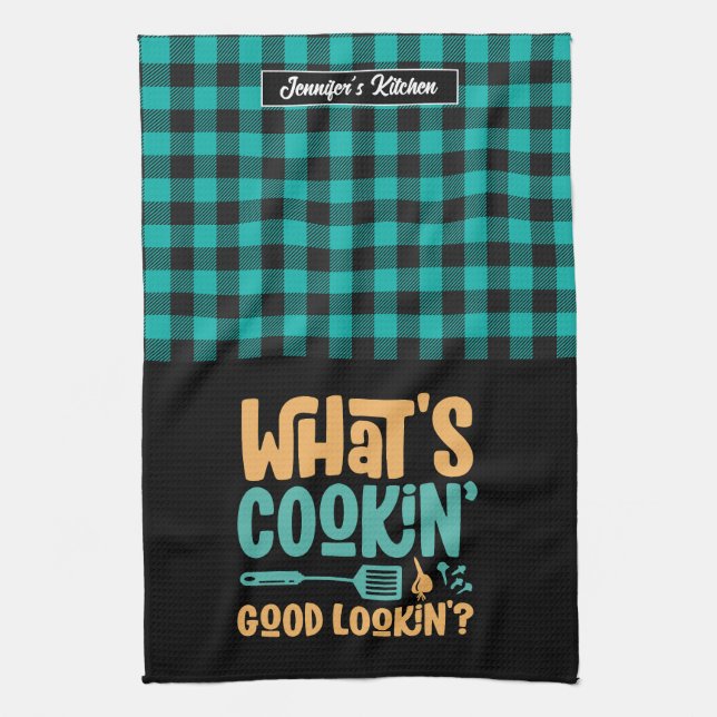 Funny What's Cooking Good Looking Personalized Kitchen Towel (Vertical)