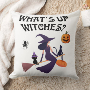 Funny What's Up Witches Halloween Witch and cat Throw Pillow