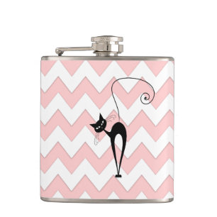 Funny whimsical black cat chevron pale pink hip flask