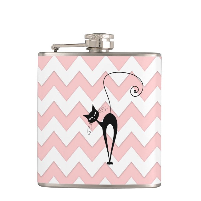 Funny whimsical black cat chevron pale pink hip flask (Front)