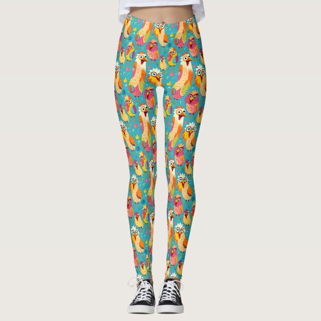 Funny Whimsical Cartoon Abstract Chickens Leggings (Front)