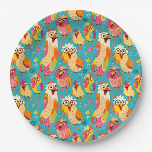 Funny Whimsical Cartoon Abstract Chickens Paper Plate