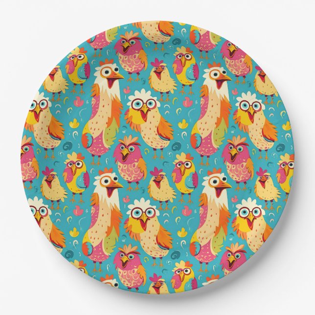 Funny Whimsical Cartoon Abstract Chickens Paper Plate (Front)