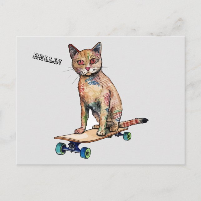 Funny Whimsical Cat Skateboard Carte postale (Devant)