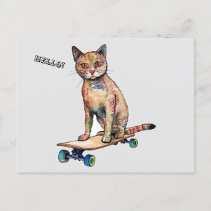Funny Whimsical Cat Skateboarding Postcard