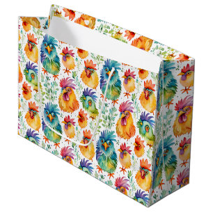 Funny Whimsical Chickens Colorful Birthday Large Gift Bag