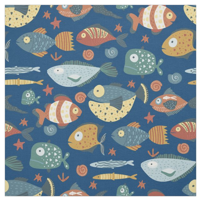 Funny Whimsical Ocean Sea Fish Blue Pattern Fabric (Swatch)