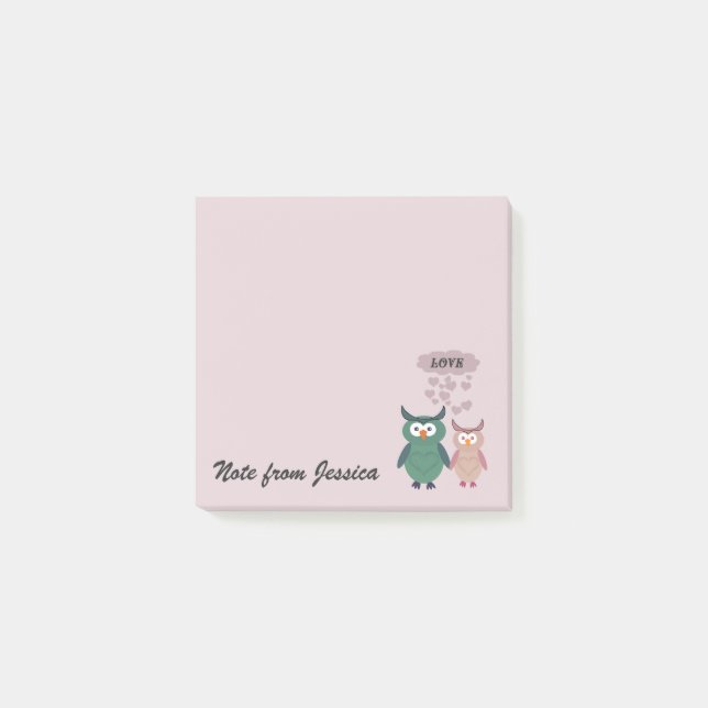 Funny whimsical owl love couple personalized post-it notes (Front)