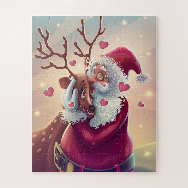 Funny Whimsical Santa And Reindeer Festive Holiday Jigsaw Puzzle (Vertical)